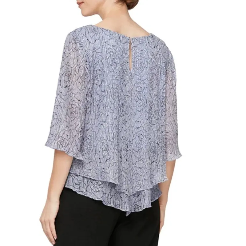 Alex Evenings Women's Printed Metallic Knit Blouse in Lavender Purple, Large