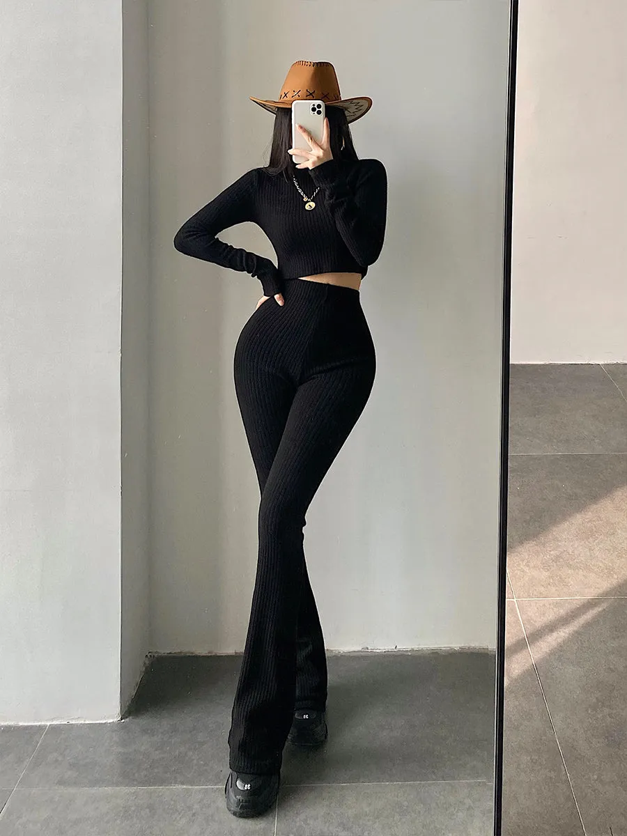 Alias Solid Color Ribbed Long Sleeve Slim Cropped Top High Waist Flare Pants Matching Set