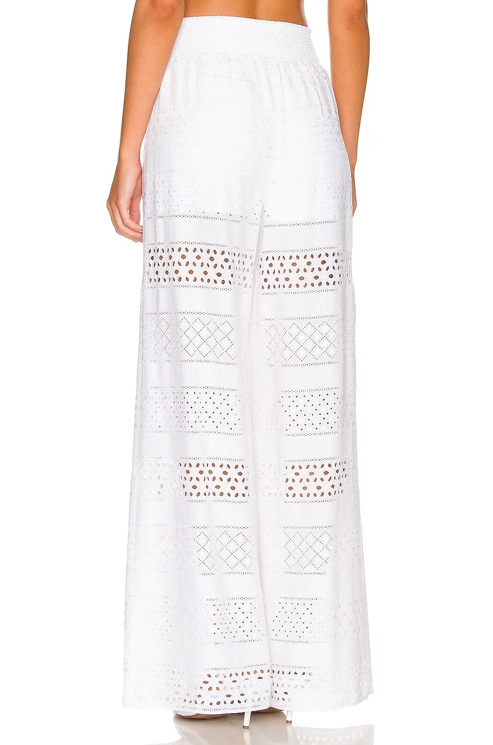 Alice   Olivia Ladies Russell Smocked Waist Pointelle Wide Legged Trousers In White