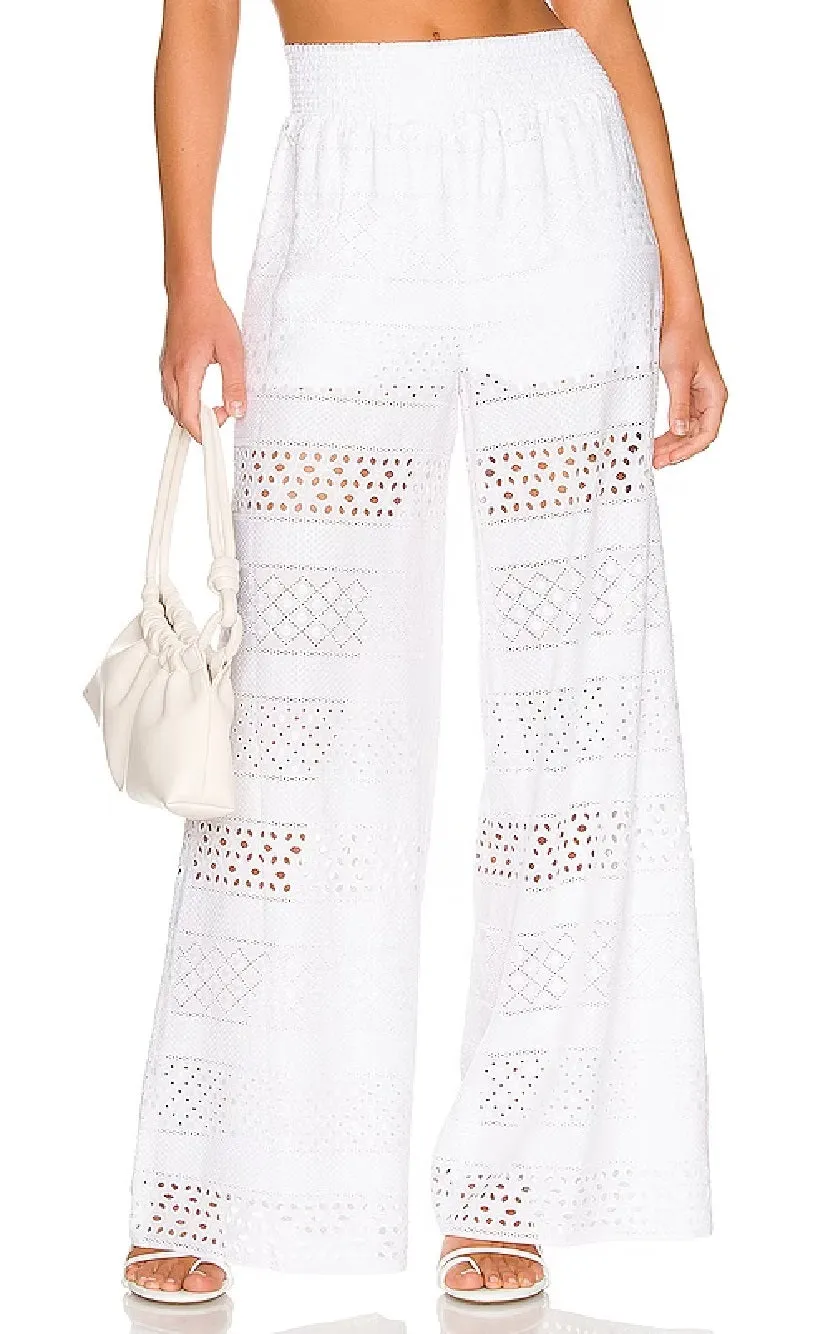 Alice   Olivia Ladies Russell Smocked Waist Pointelle Wide Legged Trousers In White