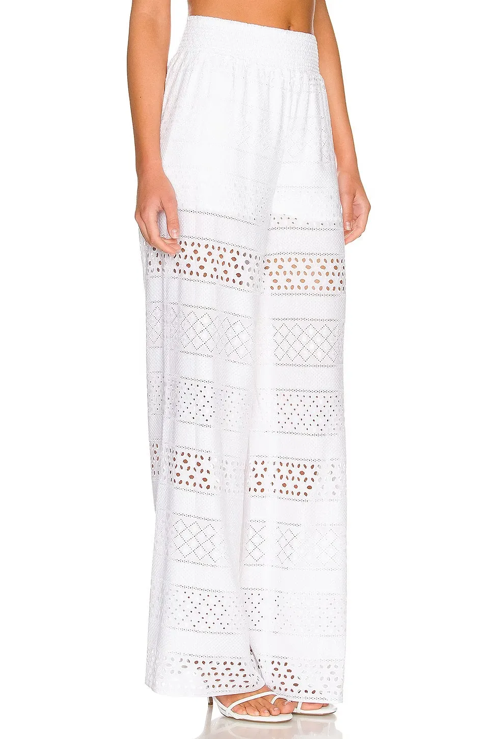 Alice   Olivia Ladies Russell Smocked Waist Pointelle Wide Legged Trousers In White