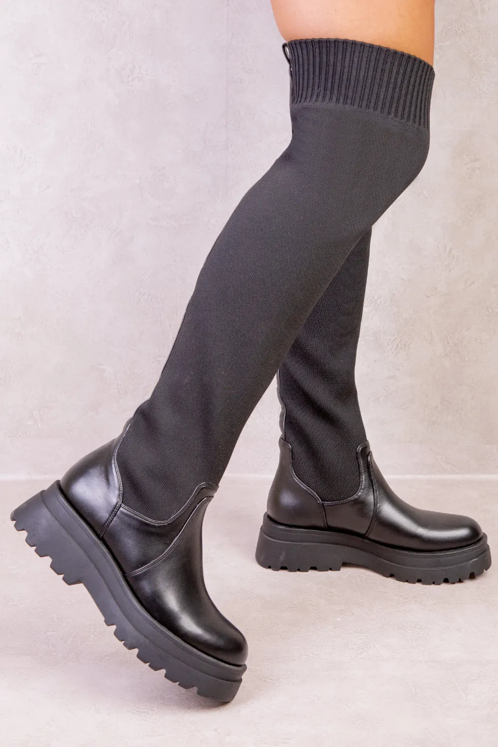 ALYSE CHUNKY PLATFORM KNITTED STRETCH CALF BOOTS IN BLACK