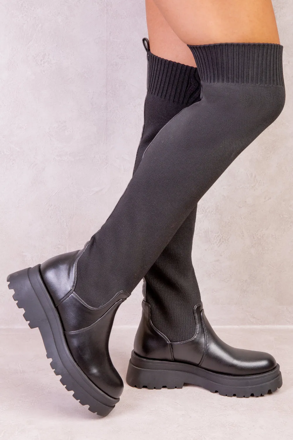 ALYSE CHUNKY PLATFORM KNITTED STRETCH CALF BOOTS IN BLACK