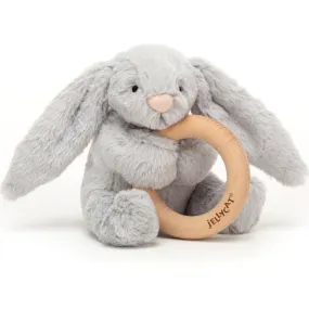 BASHFUL GREY BUNNY WOODEN RING RATTLE