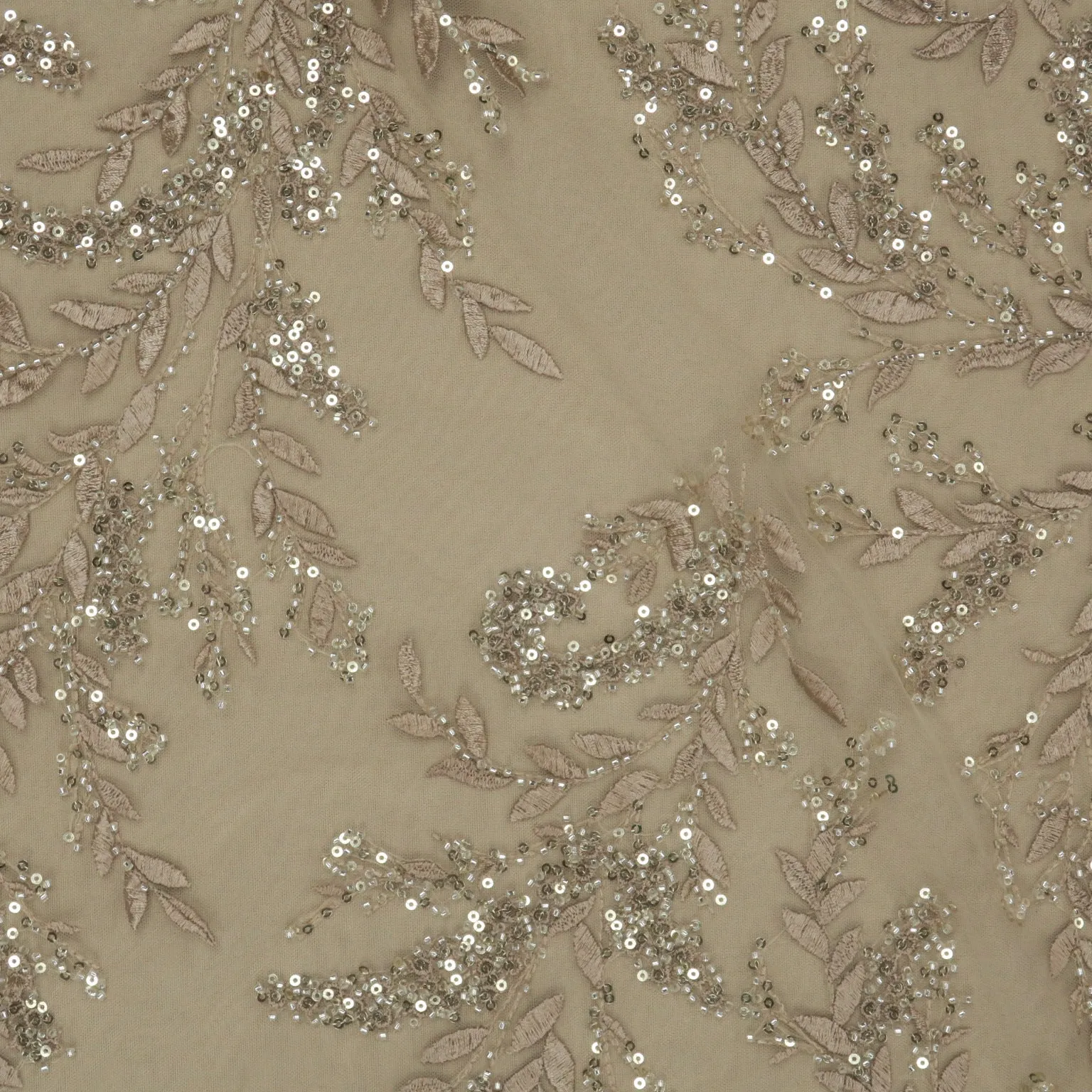 Beige and Gold Beaded and Sequined Abstract Embroidered Tulle Fabric