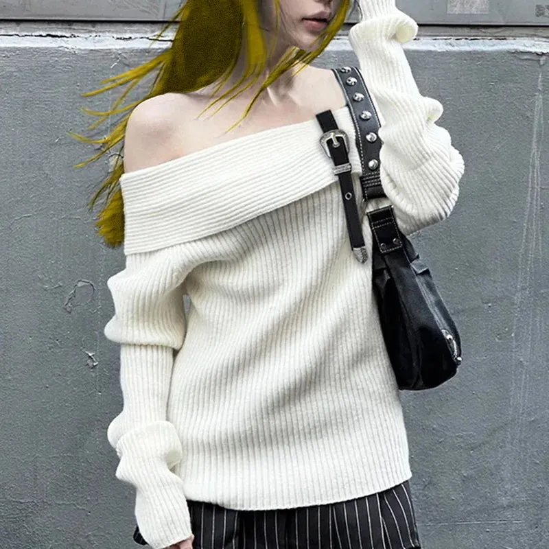 Belt Knitted Sexy Off Shoulder Rib Long New Street Sweater