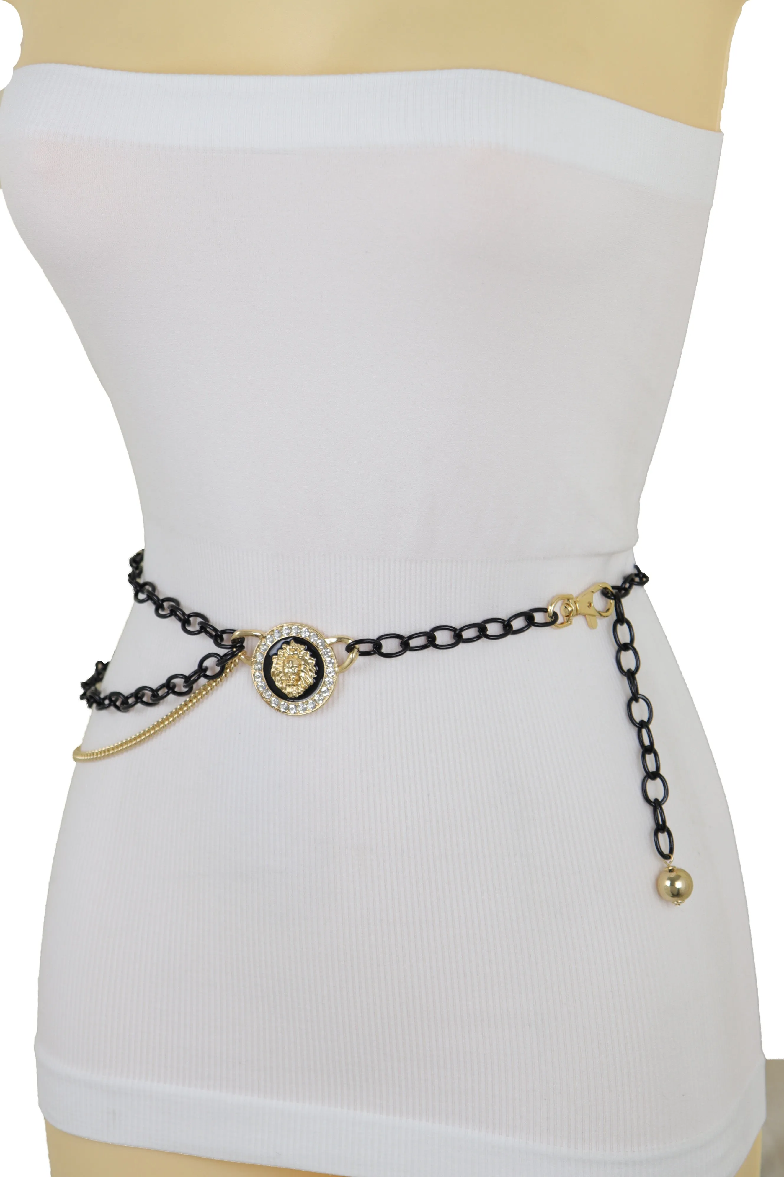 Black & Gold Side Multi Wave Chain Belt with Rhinestone Lion Medallion