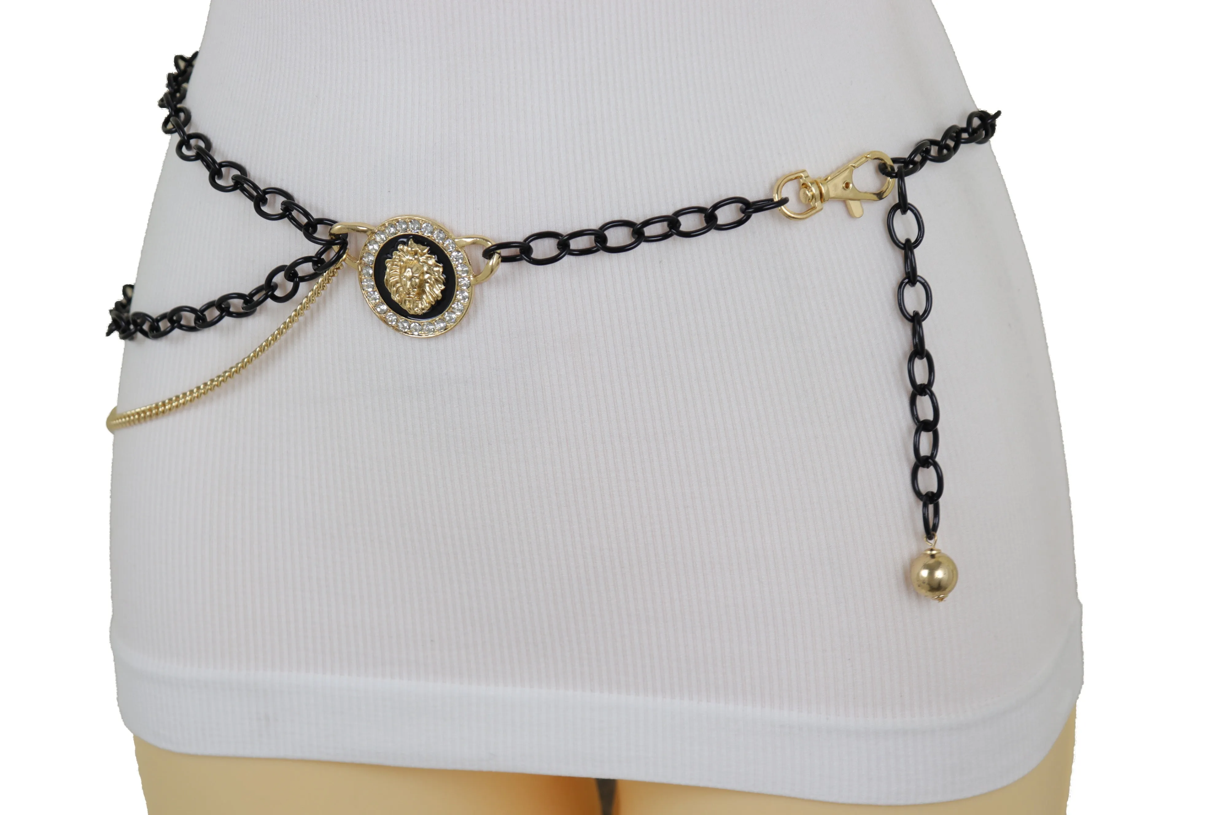 Black & Gold Side Multi Wave Chain Belt with Rhinestone Lion Medallion