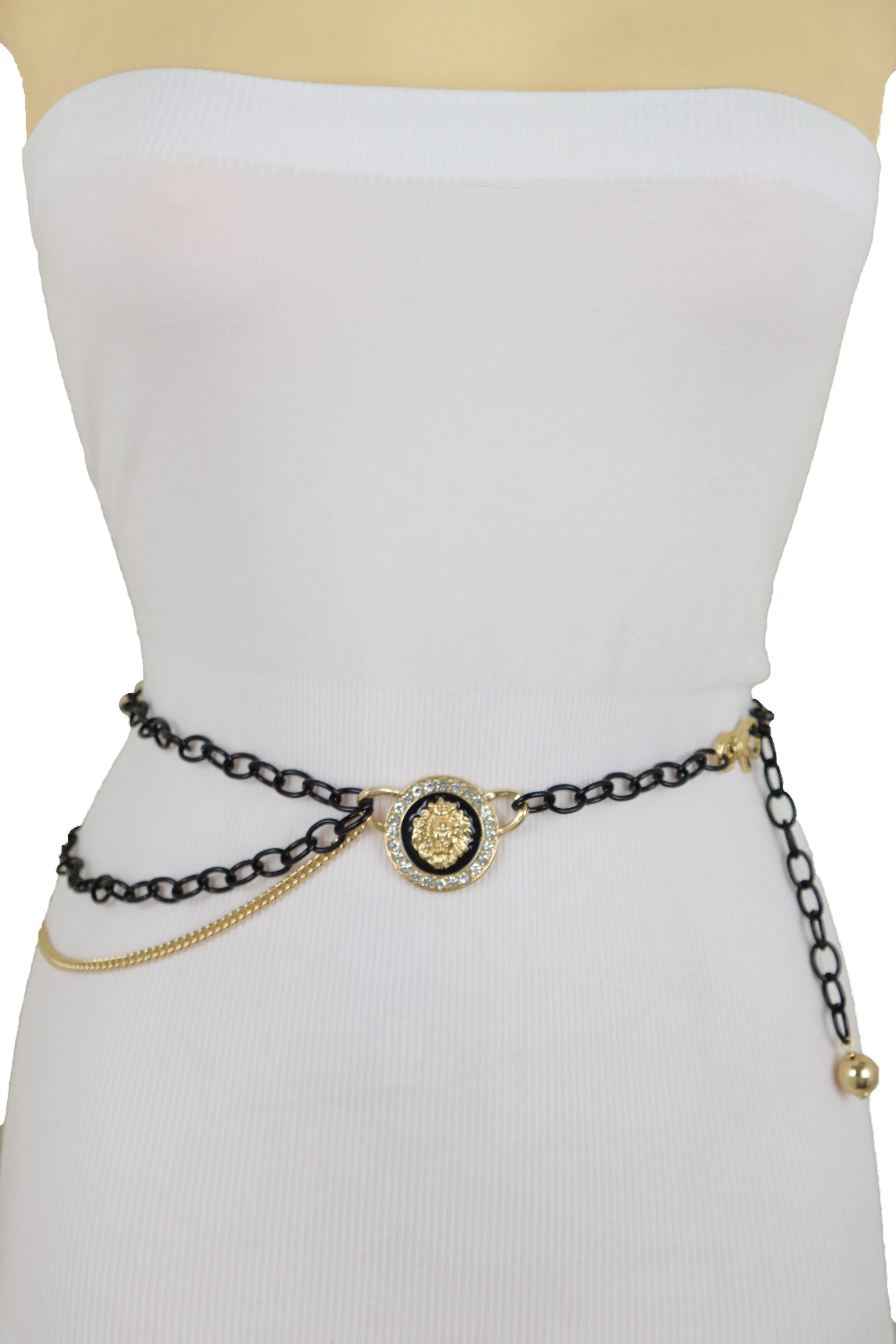 Black & Gold Side Multi Wave Chain Belt with Rhinestone Lion Medallion