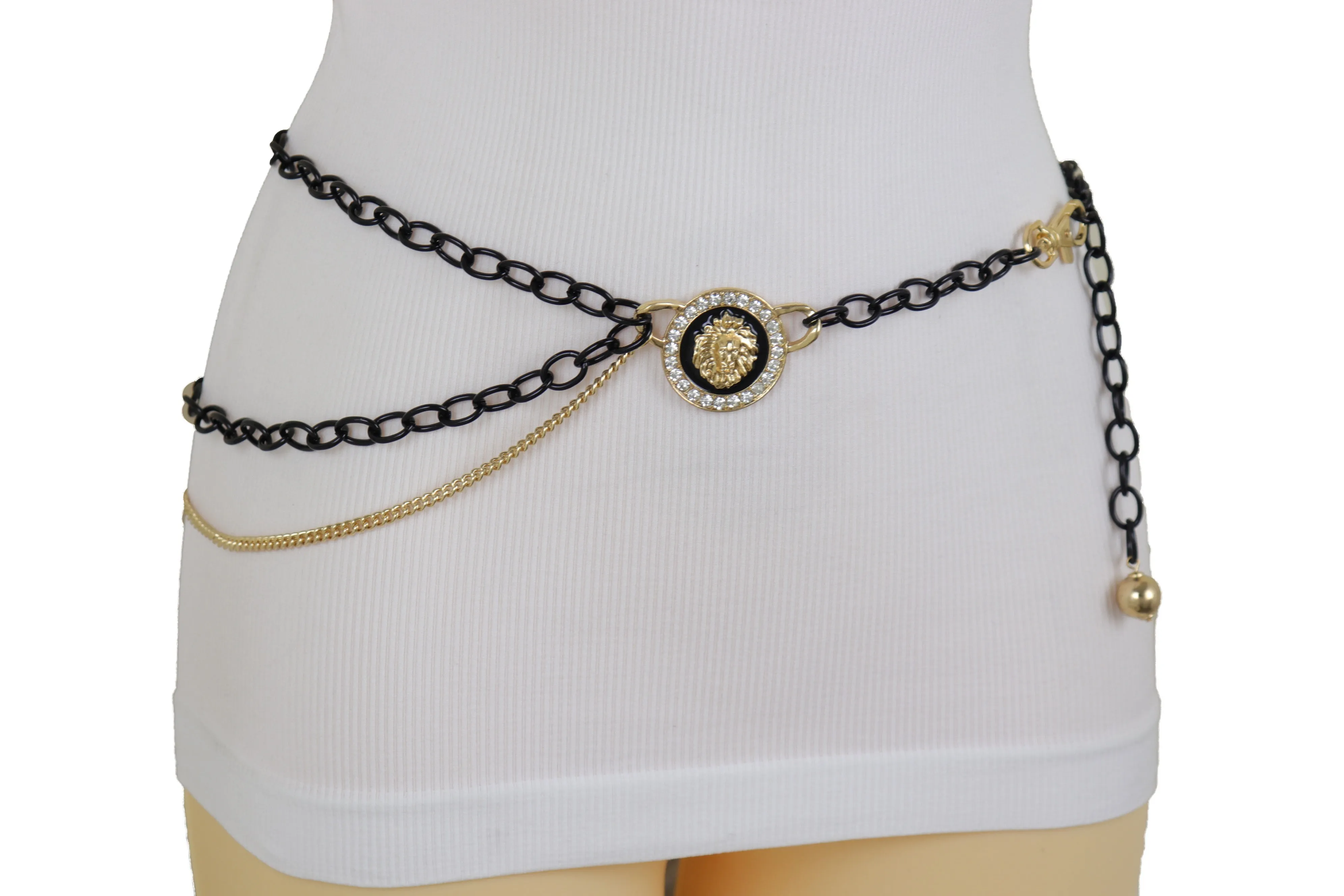 Black & Gold Side Multi Wave Chain Belt with Rhinestone Lion Medallion