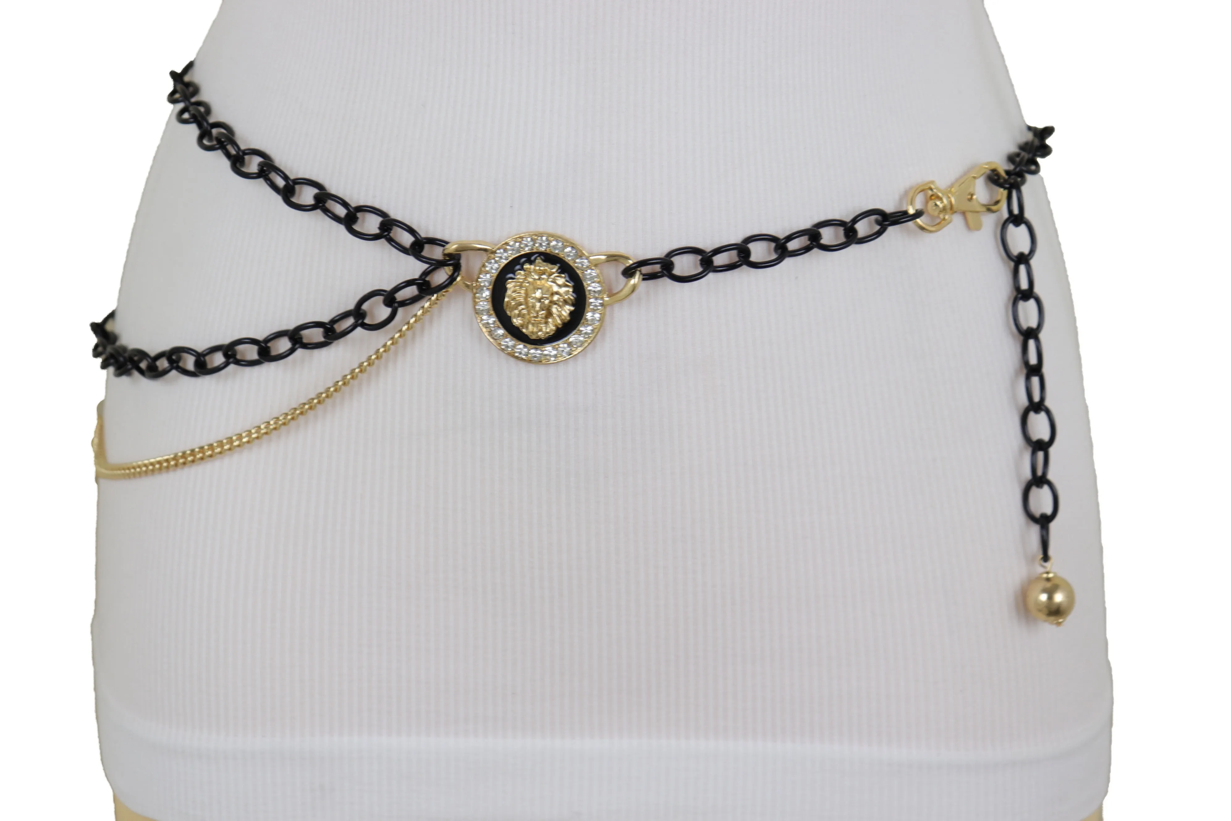 Black & Gold Side Multi Wave Chain Belt with Rhinestone Lion Medallion