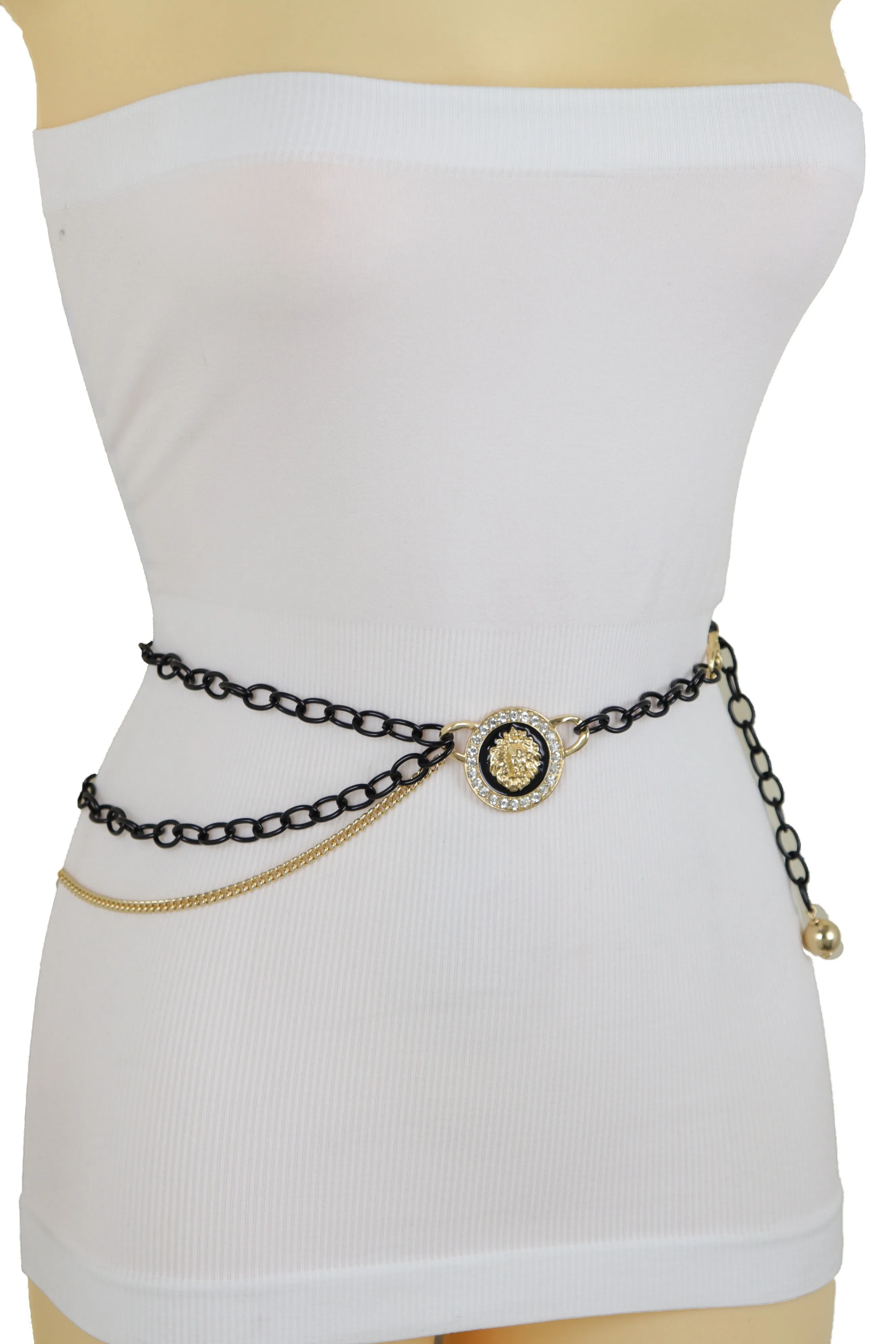 Black & Gold Side Multi Wave Chain Belt with Rhinestone Lion Medallion