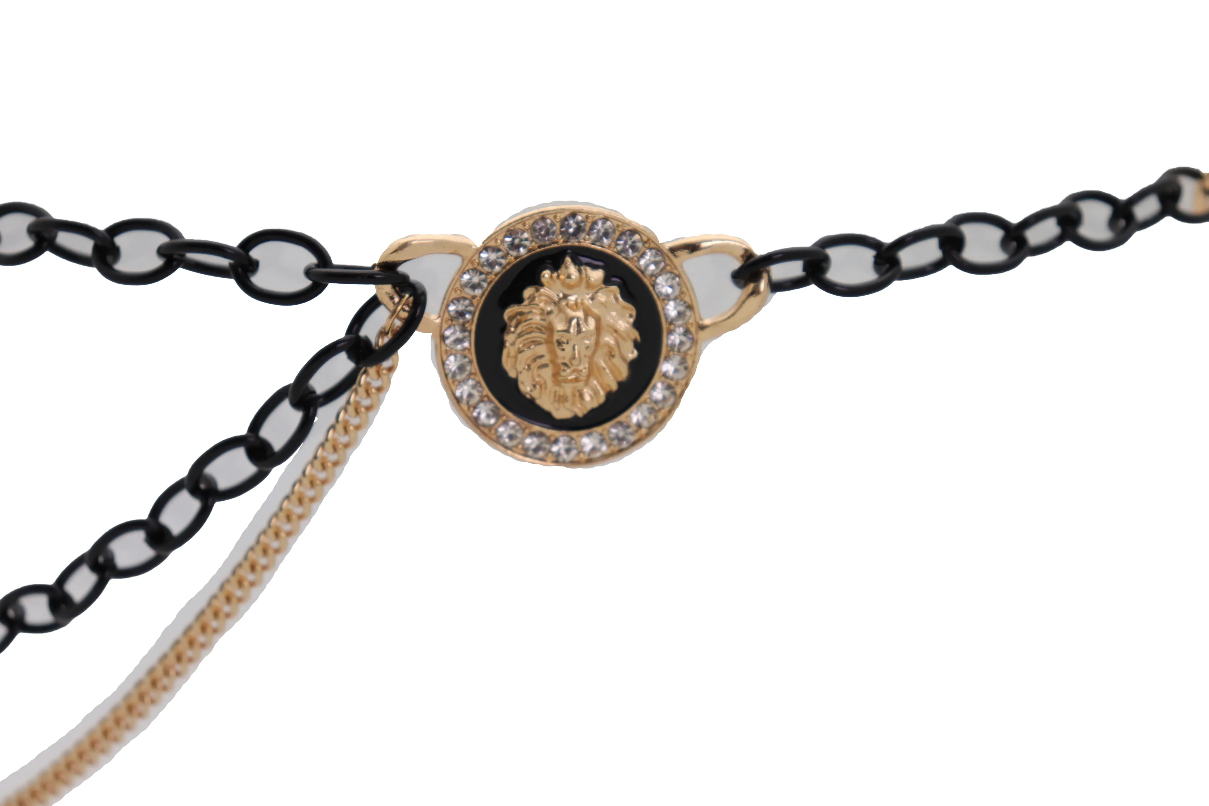 Black & Gold Side Multi Wave Chain Belt with Rhinestone Lion Medallion