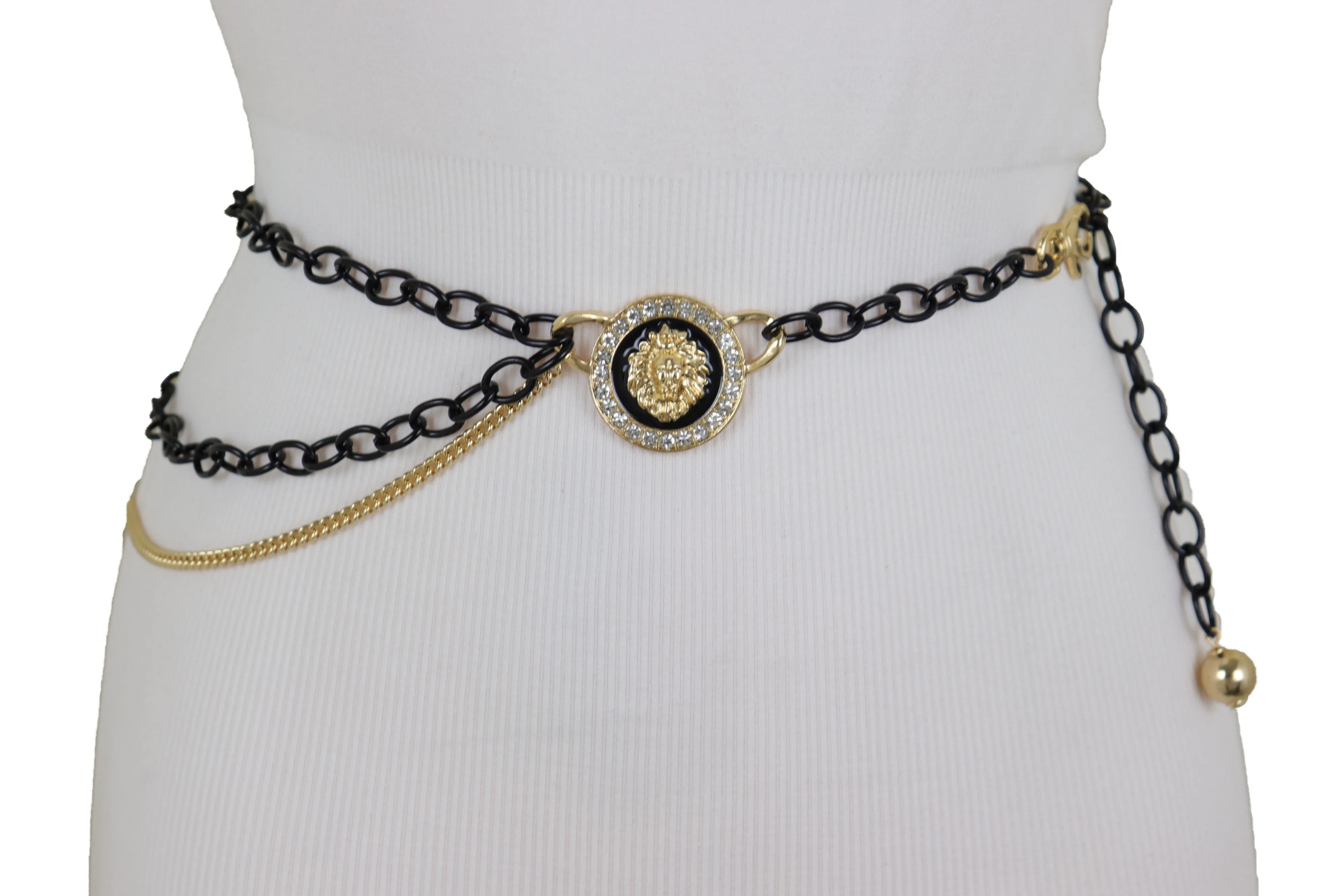 Black & Gold Side Multi Wave Chain Belt with Rhinestone Lion Medallion