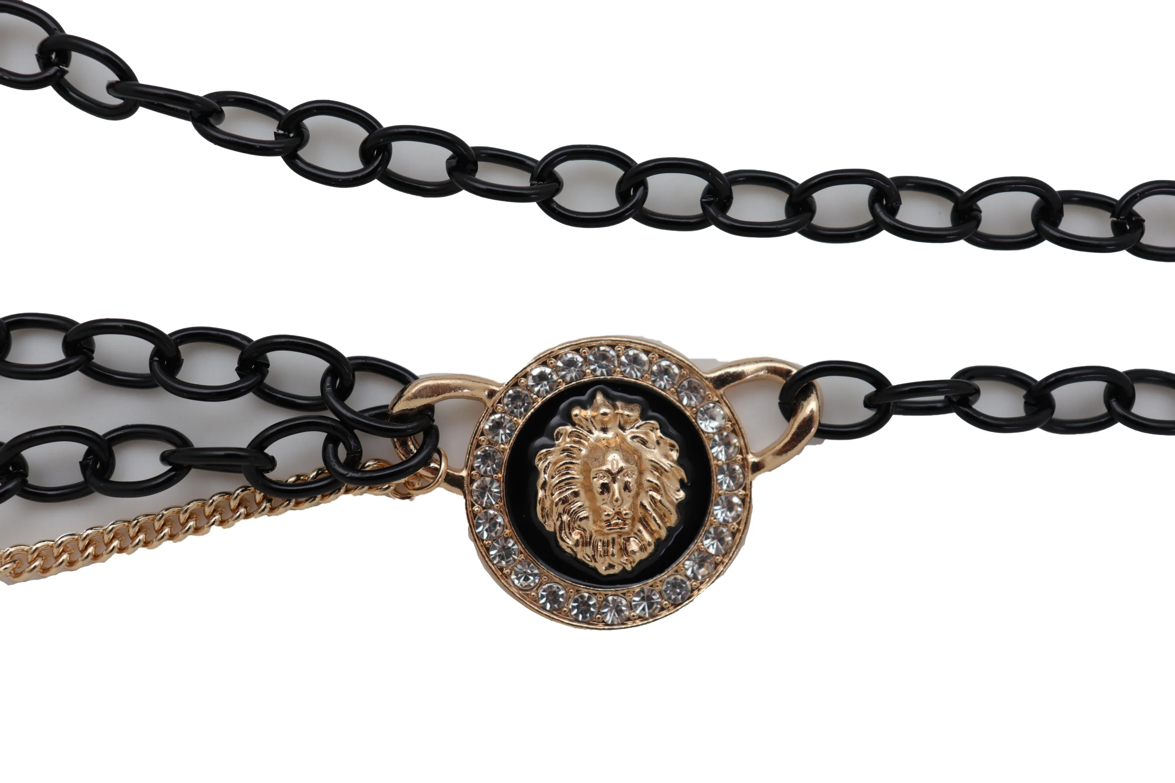 Black & Gold Side Multi Wave Chain Belt with Rhinestone Lion Medallion