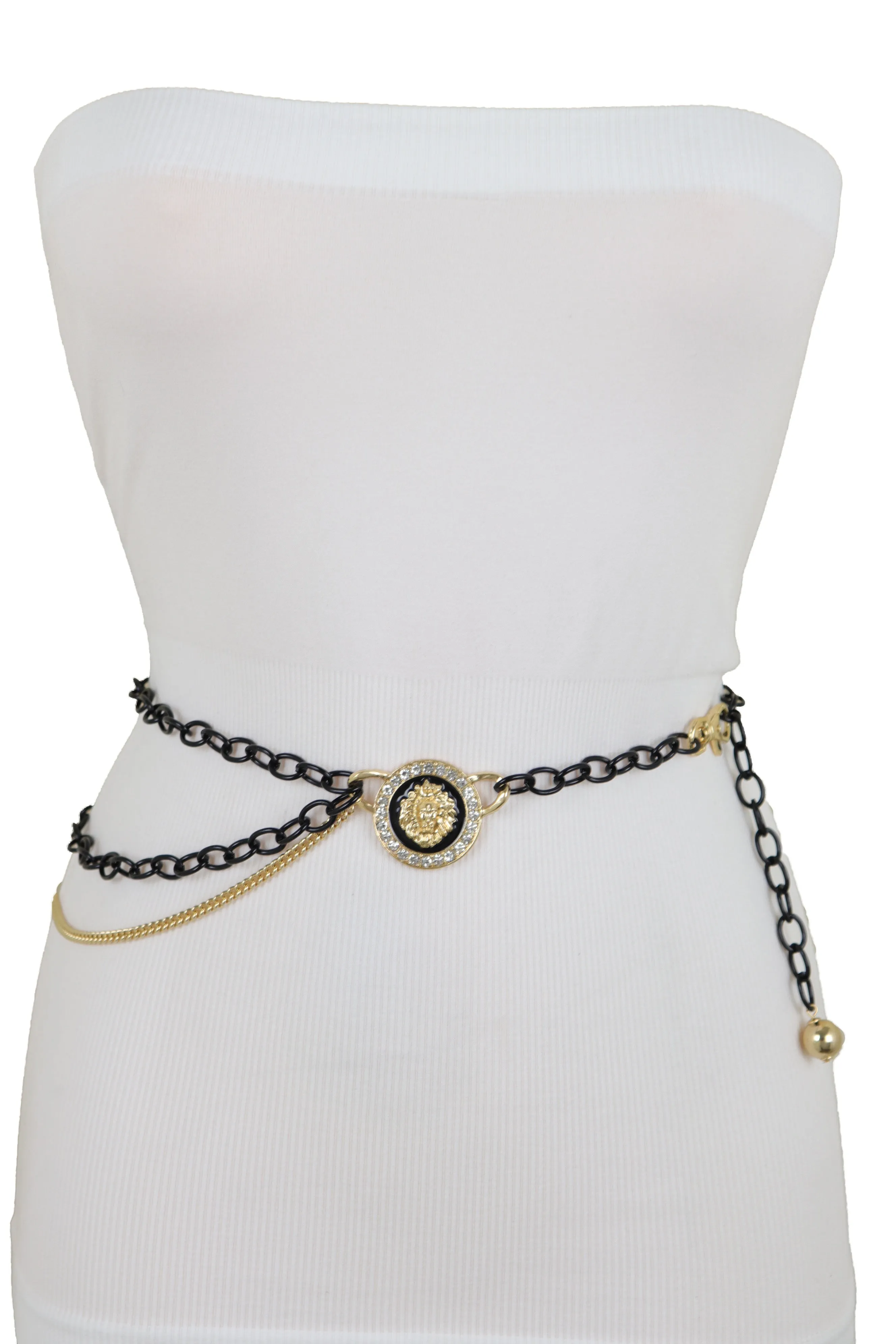 Black & Gold Side Multi Wave Chain Belt with Rhinestone Lion Medallion