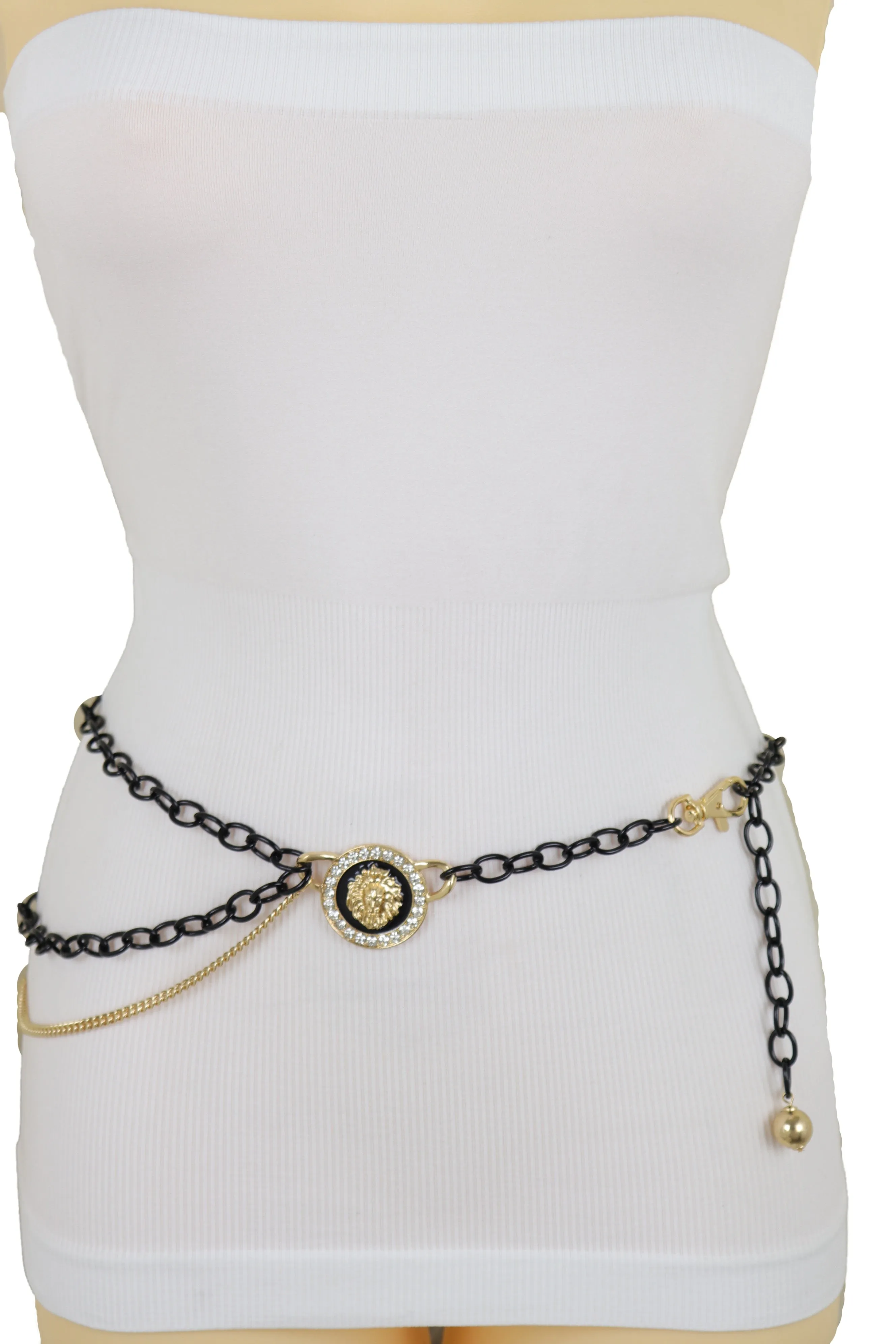 Black & Gold Side Multi Wave Chain Belt with Rhinestone Lion Medallion