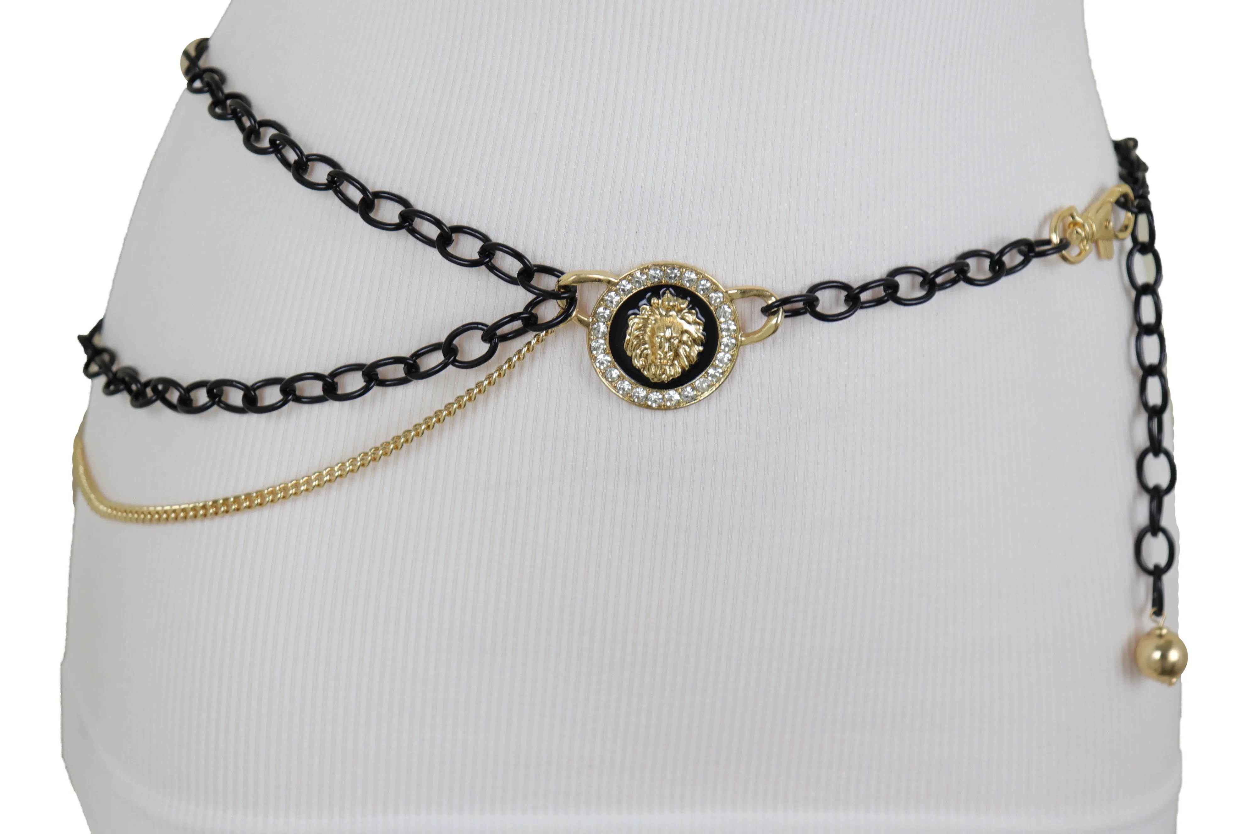 Black & Gold Side Multi Wave Chain Belt with Rhinestone Lion Medallion