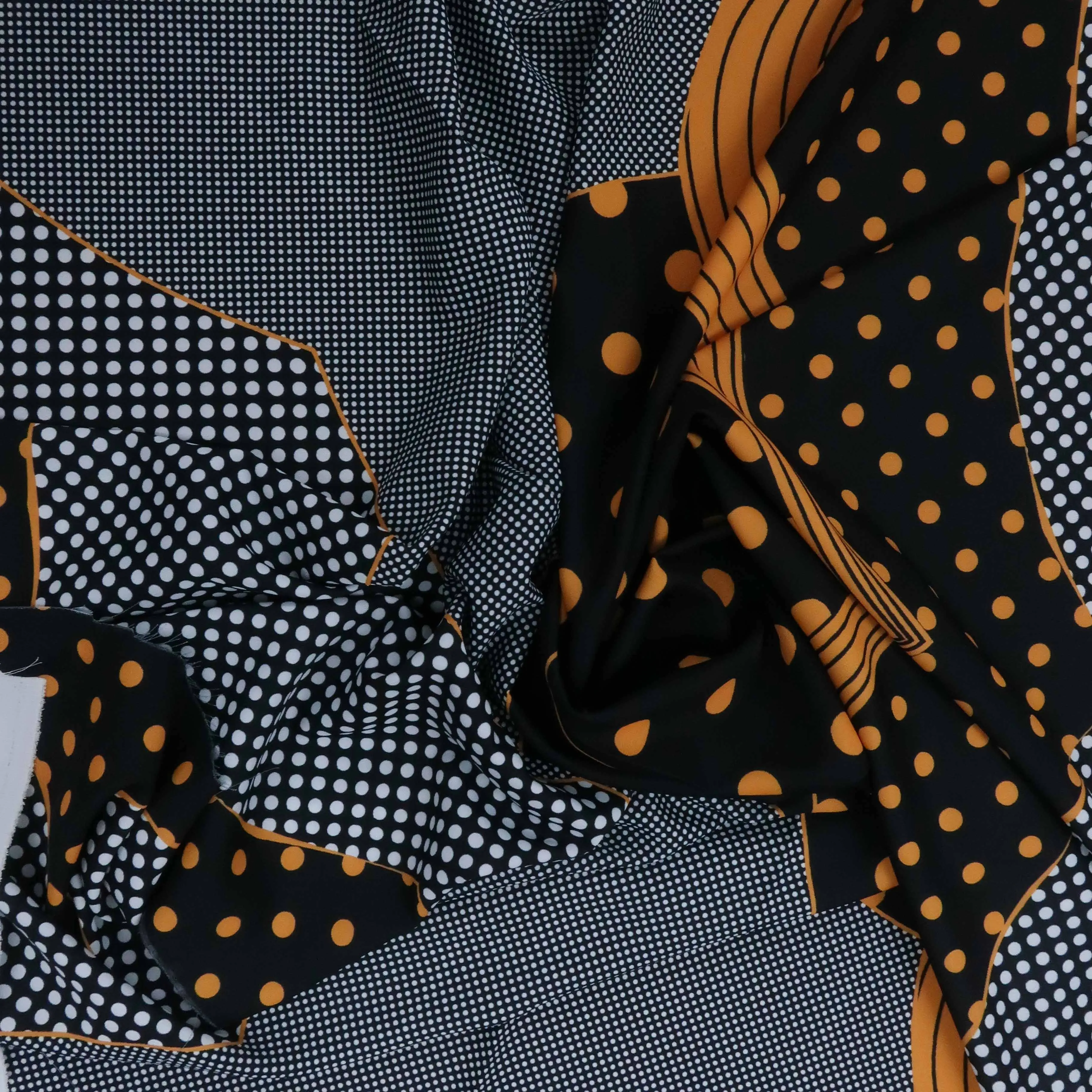 Black Background with Orange Circles Crepe Printed Polyester