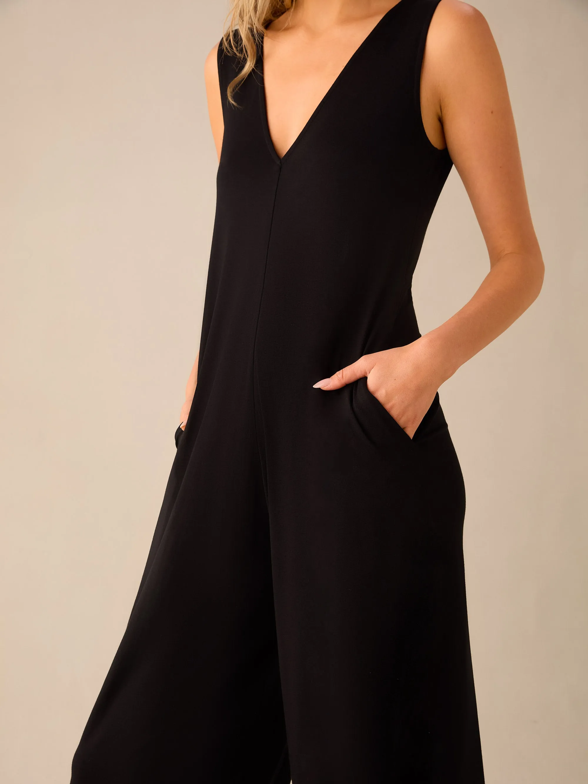 Black Jersey V-Neck Jumpsuit