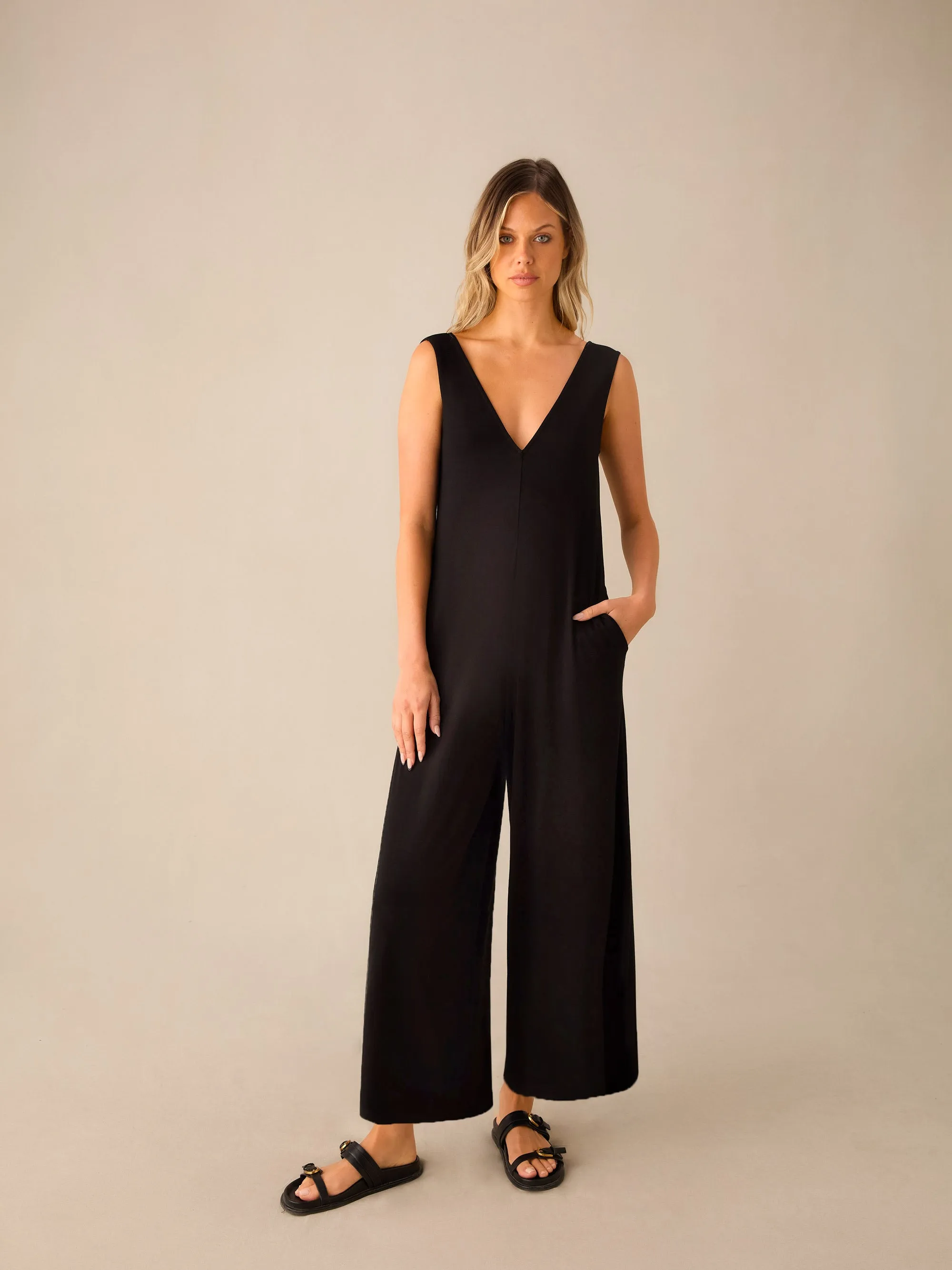 Black Jersey V-Neck Jumpsuit