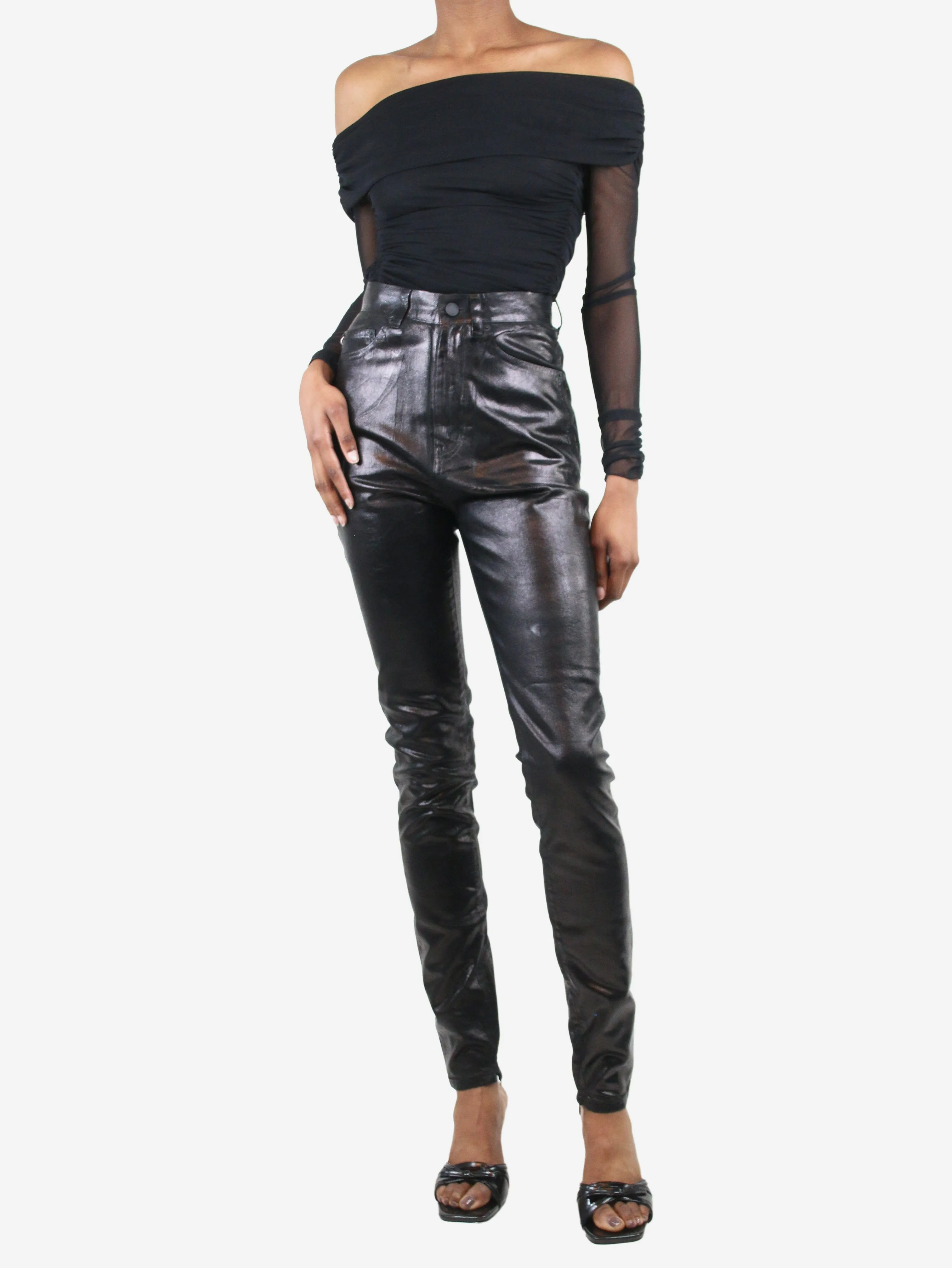 Black slim-leg metallic trousers - size UK 8