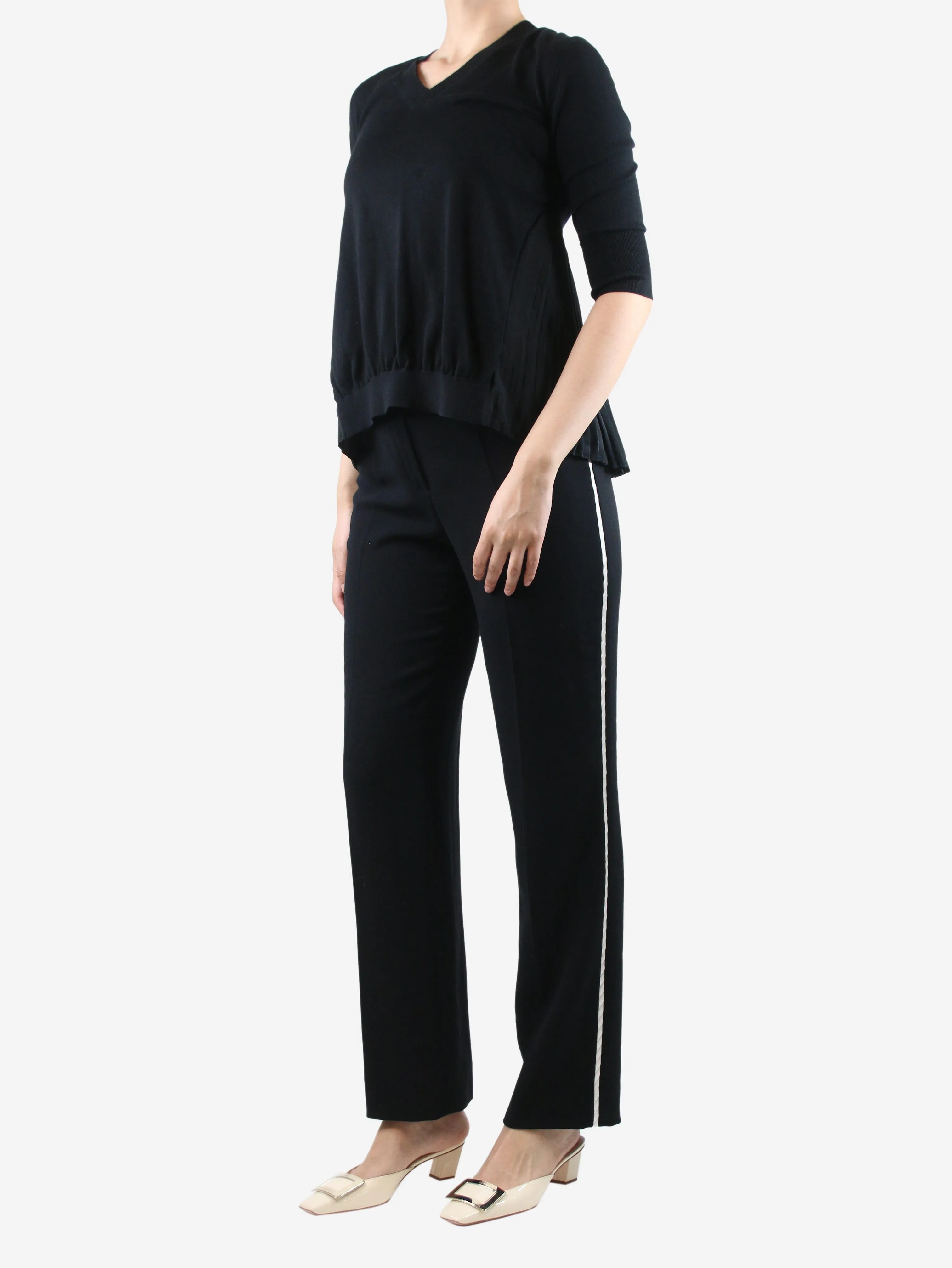 Black striped side straight-leg trousers - size UK 12