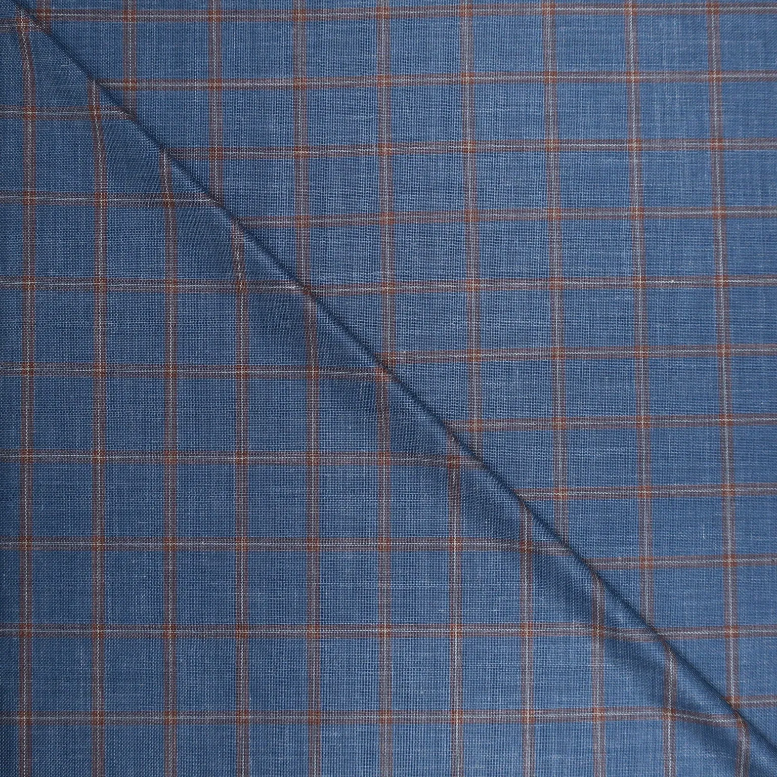 Blue and Burnt Orange Windowpane Ariston Wool, Silk and Linen Blend Fabric