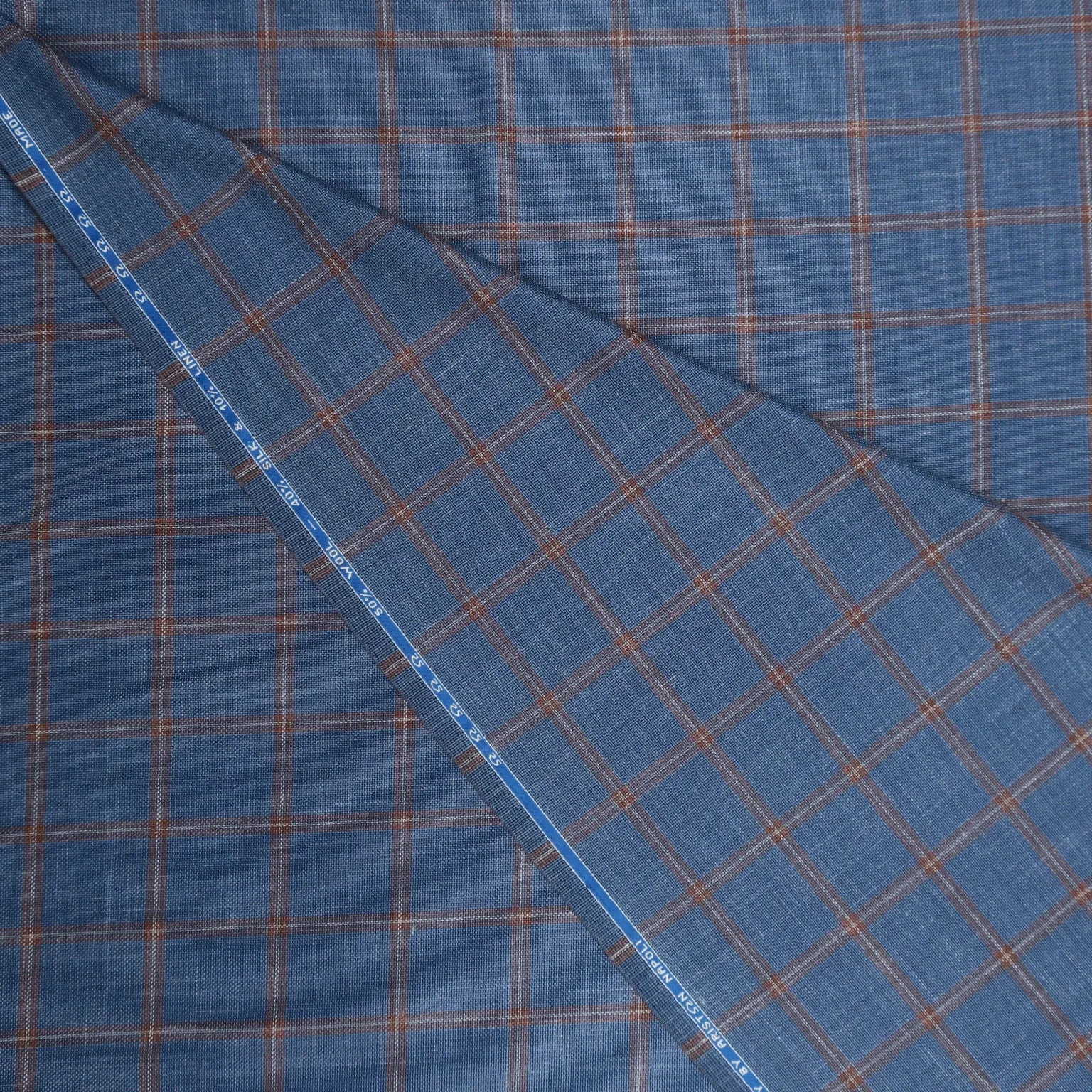 Blue and Burnt Orange Windowpane Ariston Wool, Silk and Linen Blend Fabric