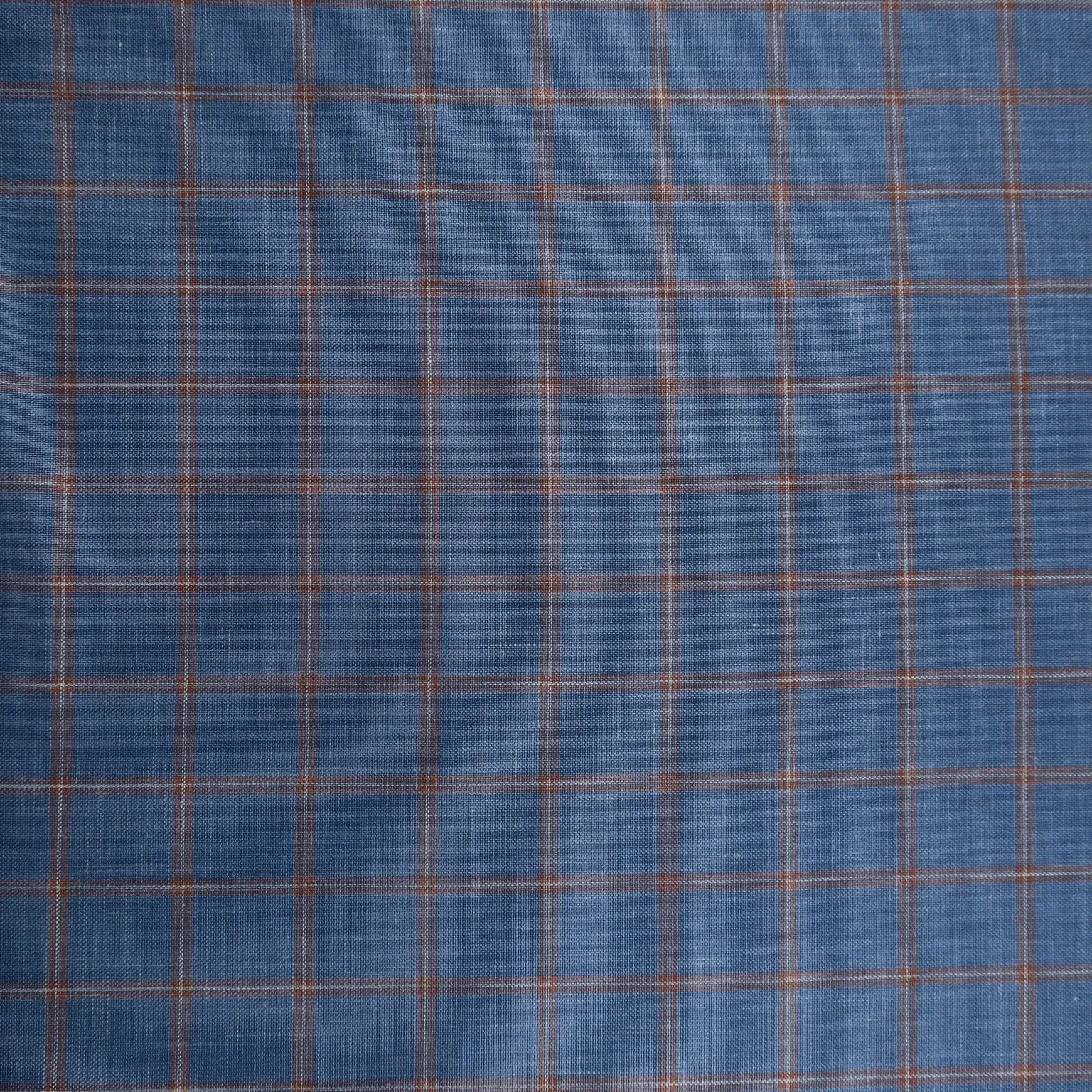 Blue and Burnt Orange Windowpane Ariston Wool, Silk and Linen Blend Fabric