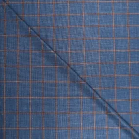 Blue and Burnt Orange Windowpane Ariston Wool, Silk and Linen Blend Fabric