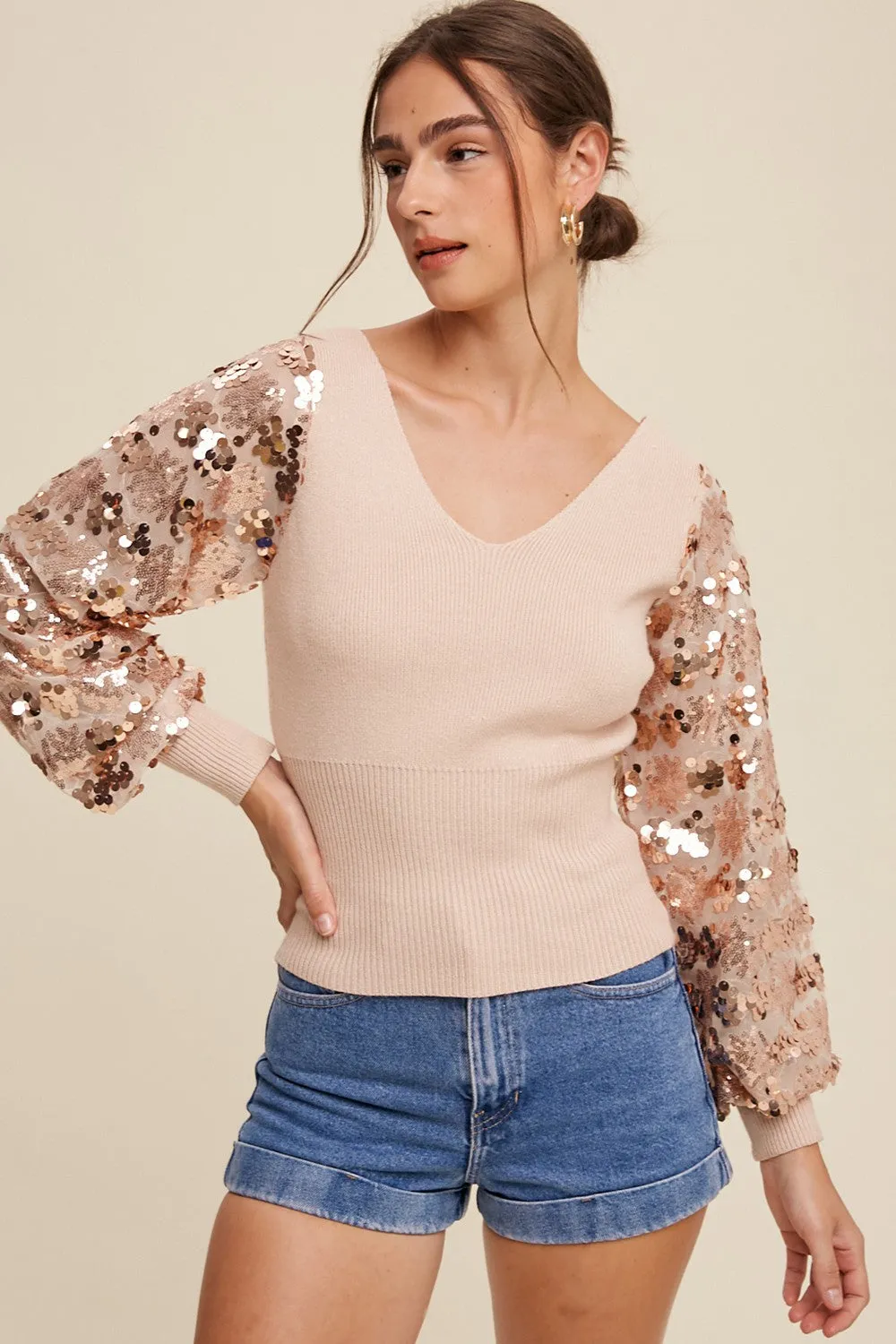 Blush Sequin Sleeve Sweater