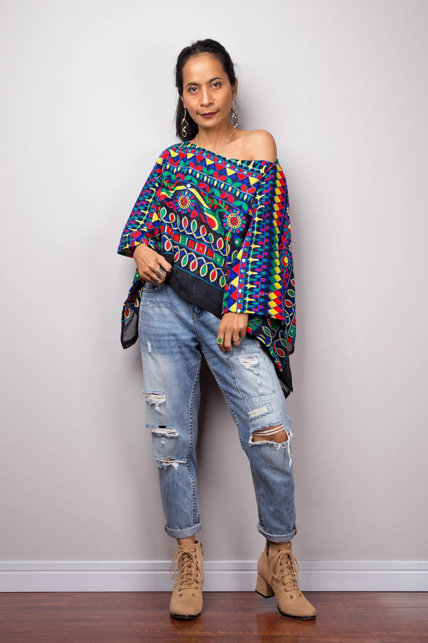 Boho poncho top with embroidery