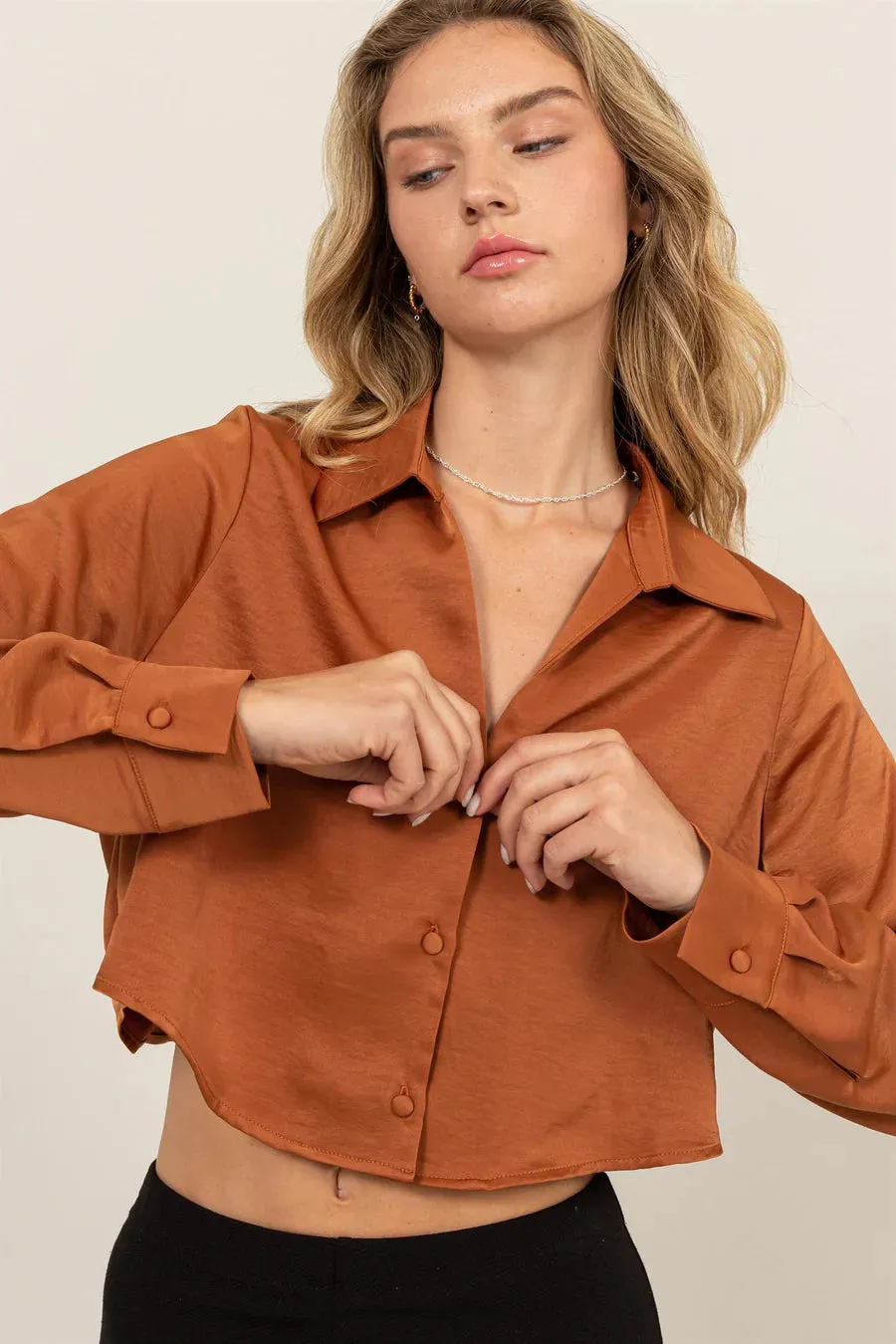 Button-Down Silky Cropped Shirt