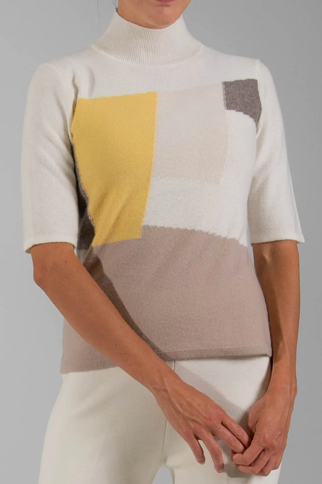 CASHMERE COLOR BLOCK MOCK TEE