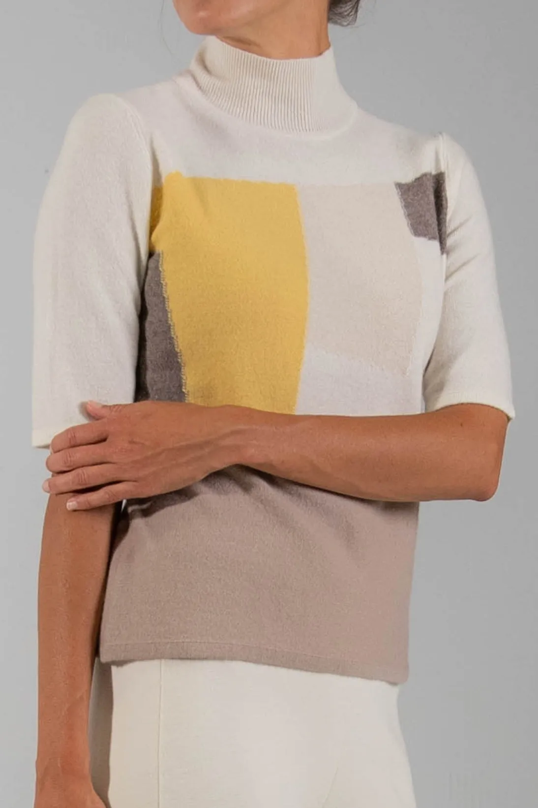 CASHMERE COLOR BLOCK MOCK TEE