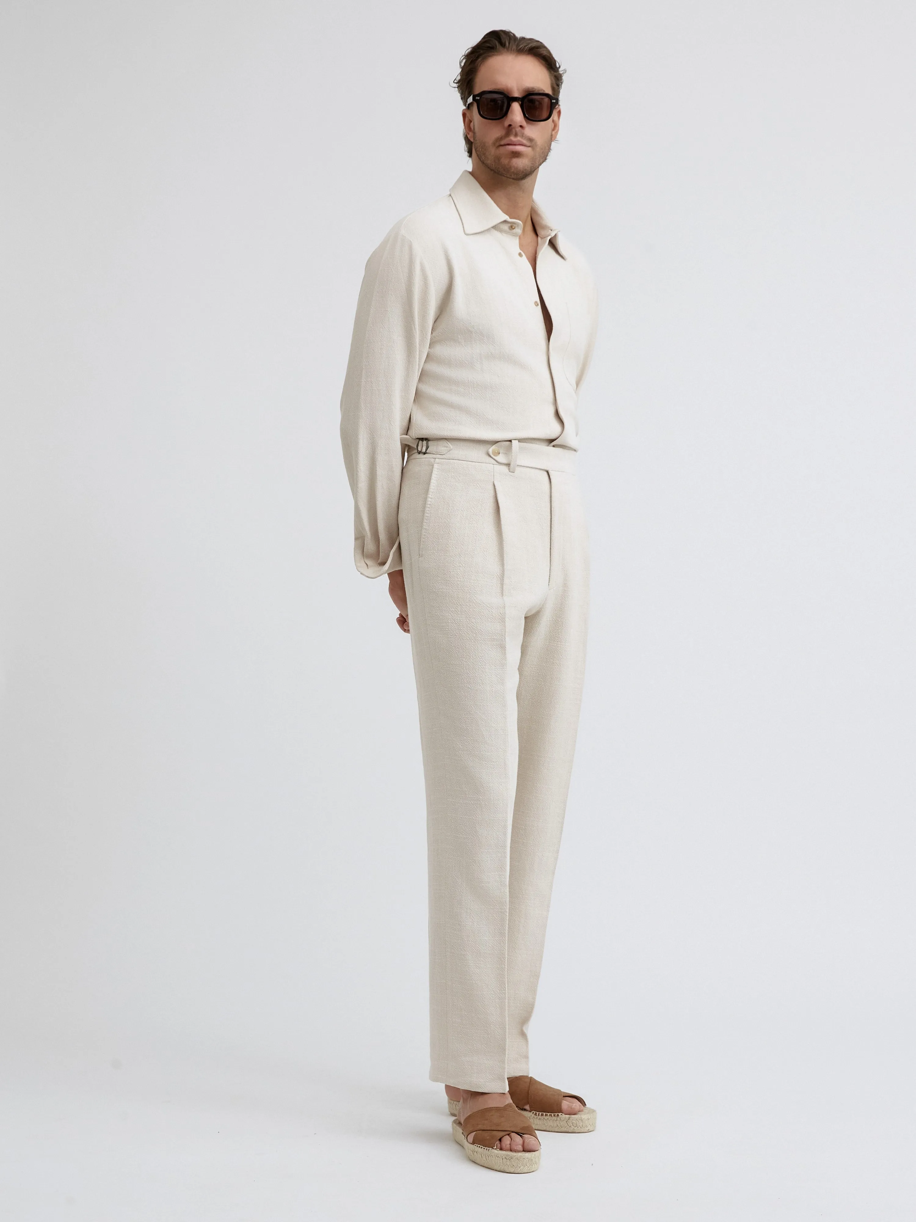 Cream Stonewashed Linen Oscar Trousers (Wide Fit)