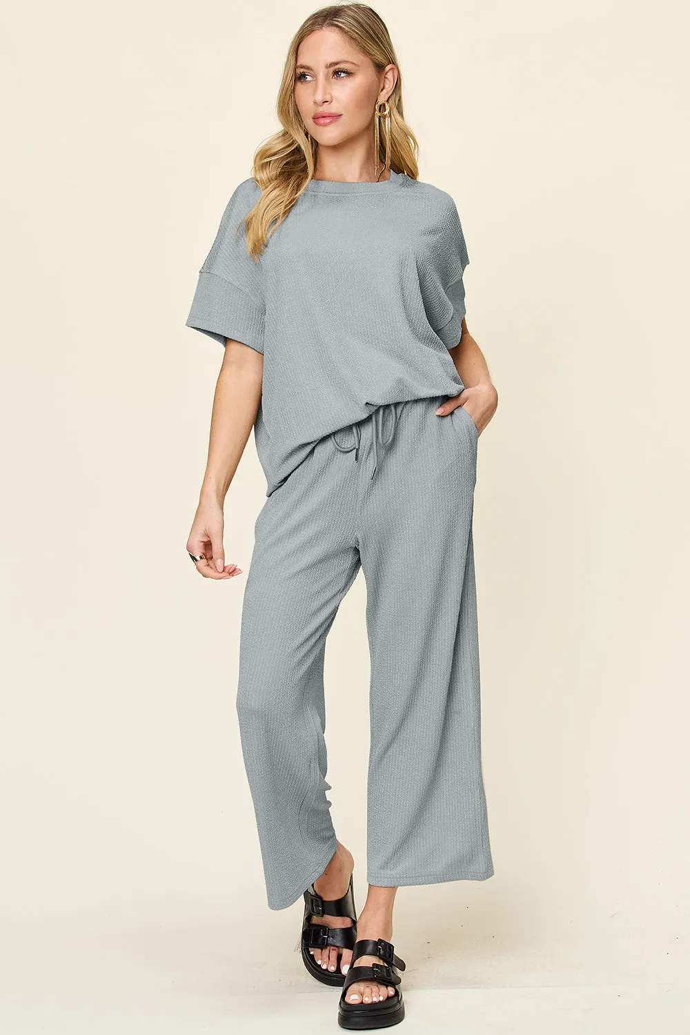 Double Take Full Size Texture Round Neck Short Sleeve T-Shirt and Wide Leg Pants