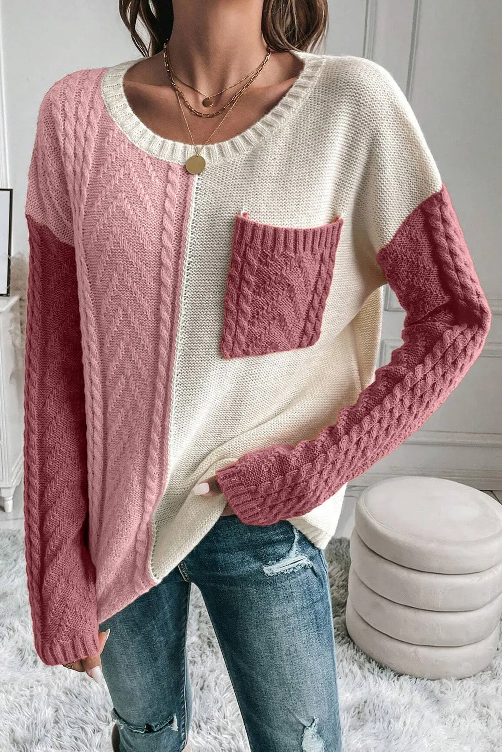 Explore More Collection - Color Block Round Neck Long Sleeve Sweater