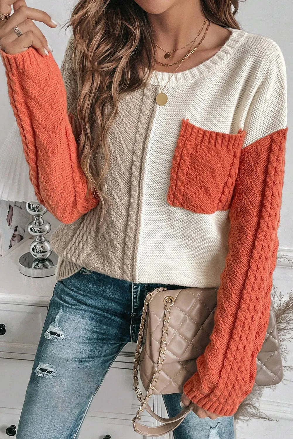 Explore More Collection - Color Block Round Neck Long Sleeve Sweater