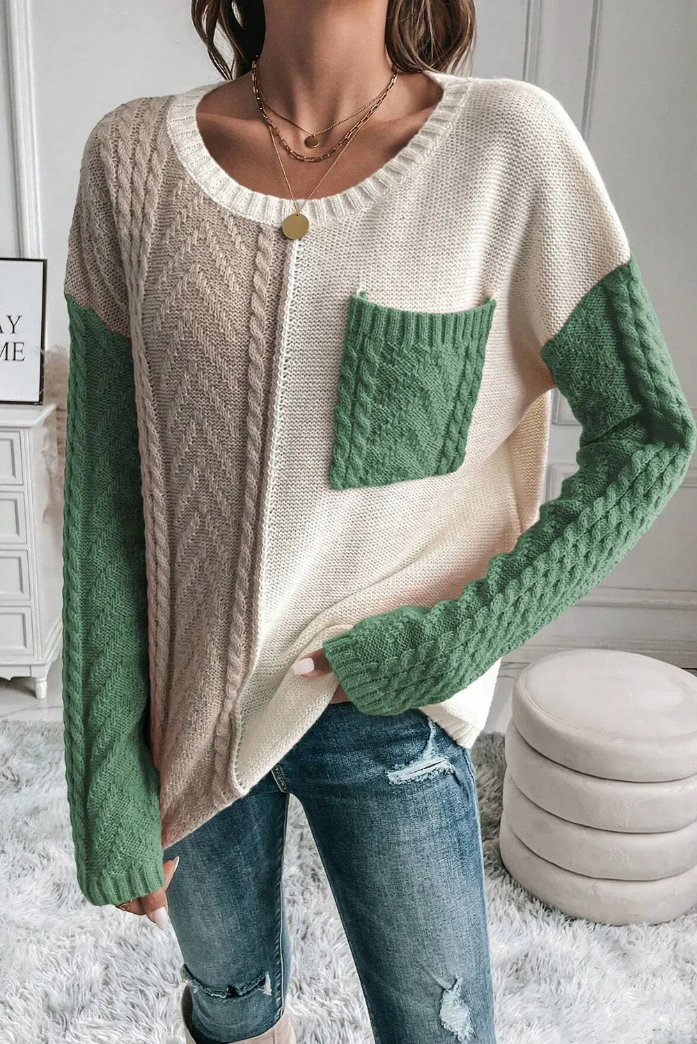 Explore More Collection - Color Block Round Neck Long Sleeve Sweater