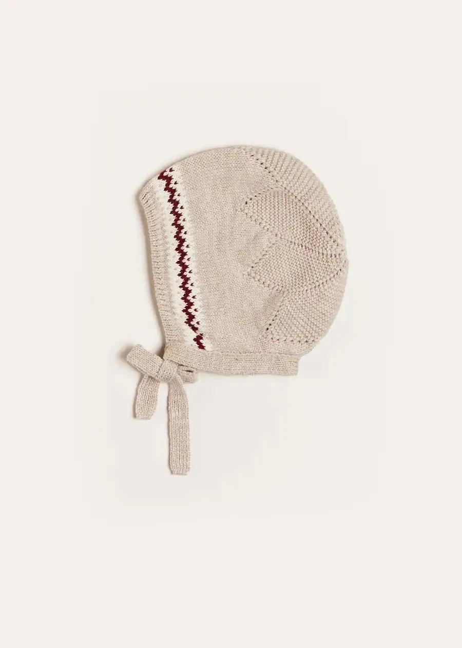 Fair Isle Detail Knitted Bonnet in Beige (S-L)