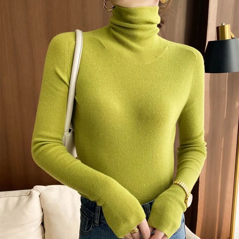 Fashionkova  2022 Autumn/Winter Woolen Sweater Women Pile Pile Collar 100 Pure Wool Knit Base Turtleneck Cashmere Sweater Slim Long Sleeve