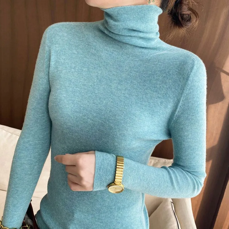 Fashionkova  2022 Autumn/Winter Woolen Sweater Women Pile Pile Collar 100 Pure Wool Knit Base Turtleneck Cashmere Sweater Slim Long Sleeve