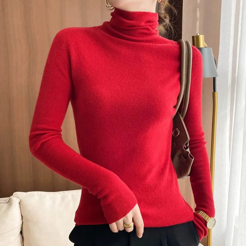 Fashionkova  2022 Autumn/Winter Woolen Sweater Women Pile Pile Collar 100 Pure Wool Knit Base Turtleneck Cashmere Sweater Slim Long Sleeve