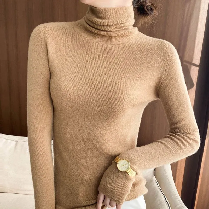 Fashionkova  2022 Autumn/Winter Woolen Sweater Women Pile Pile Collar 100 Pure Wool Knit Base Turtleneck Cashmere Sweater Slim Long Sleeve