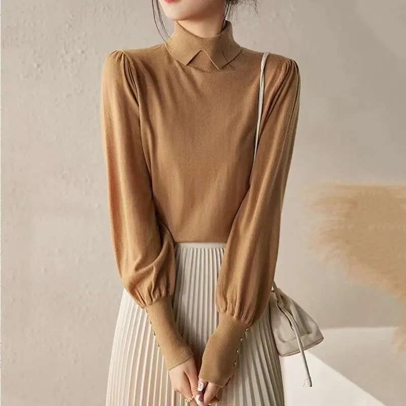 Fashionkova  Autumn Winter 2022 New Turtleneck Wool Sweater Women's Fashion Foreign Style Lantern Sleeve Cashmere Knit Top