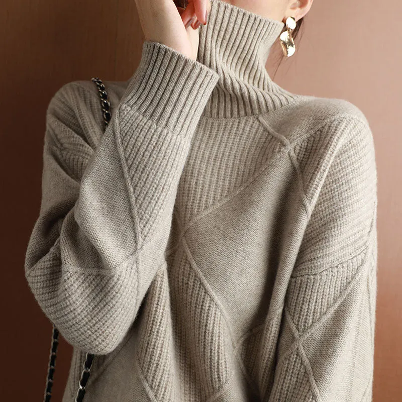 Fashionkova  Cashmere Sweater Women Turtleneck Sweater Pure Color Knitted Turtleneck Pullover 100% Pure Wool Loose Large Size Sweater Women