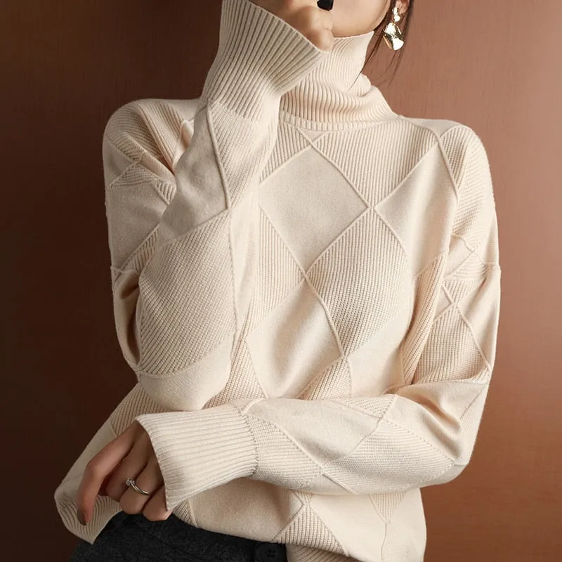 Fashionkova  Cashmere Sweater Women Turtleneck Sweater Pure Color Knitted Turtleneck Pullover 100% Pure Wool Loose Large Size Sweater Women