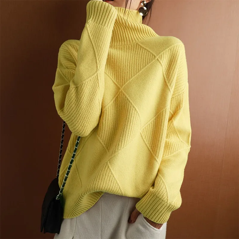 Fashionkova  Cashmere Sweater Women Turtleneck Sweater Pure Color Knitted Turtleneck Pullover 100% Pure Wool Loose Large Size Sweater Women